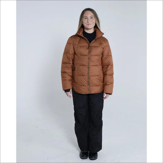 Woman wearing Brown Puffer Jacket and Black Pants in Snow Country Outerwear Lexington Puffy Jacket