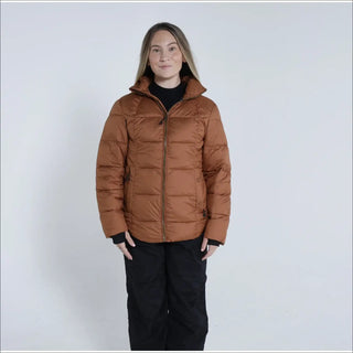 Woman wearing brown puffer jacket from Snow Country Outerwear Lexington collection