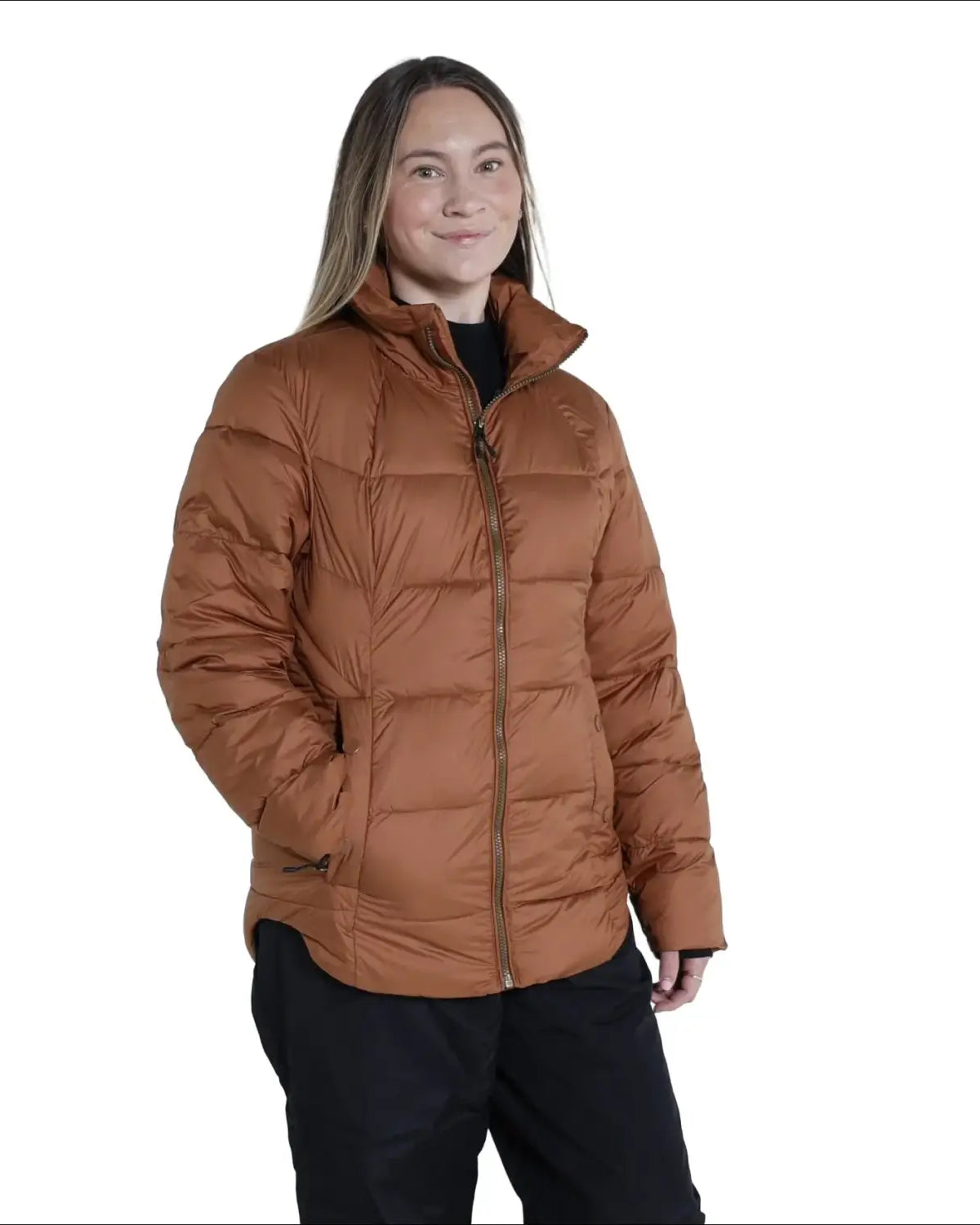 Woman wearing a brown Puffer Jacket from Snow Country Outerwear Lexington collection