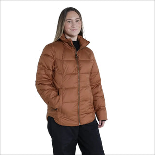 Woman wearing a brown Puffer Jacket from Snow Country Outerwear Lexington collection