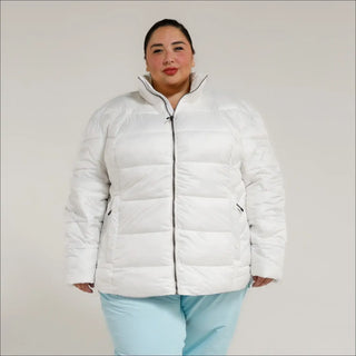 White puffer jacket from Snow Country Outerwear Women’s Plus Size Lexington collection