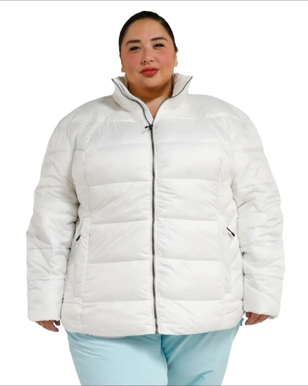 White puffer jacket from Snow Country Outerwear Women’s Plus Size Lexington Winter Coat