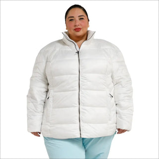 White puffer jacket from Snow Country Outerwear Women’s Plus Size Lexington Winter Coat