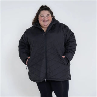 Black quilted puffer jacket for Women Plus Size 1X-6X Mid Length Juniper Insulated Parka Coat Winter