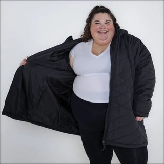 Black quilted puffer coat for women plus size mid length insulated winter parka