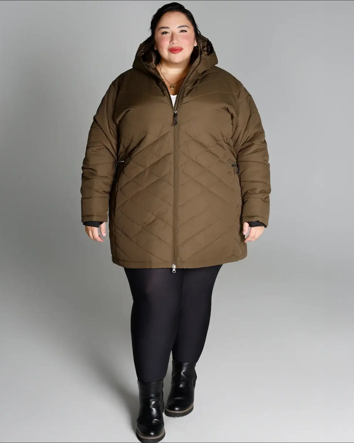 Olive green puffer coat for women plus size mid-length juniper insulated winter parka