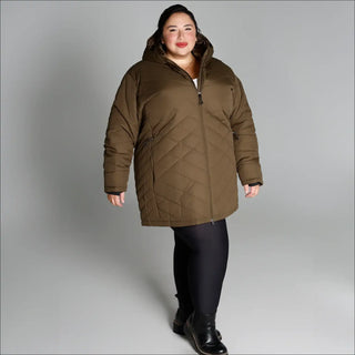 Olive green quilted puffer coat for Women’s Plus Size 1X-6X Mid Length Juniper Parka