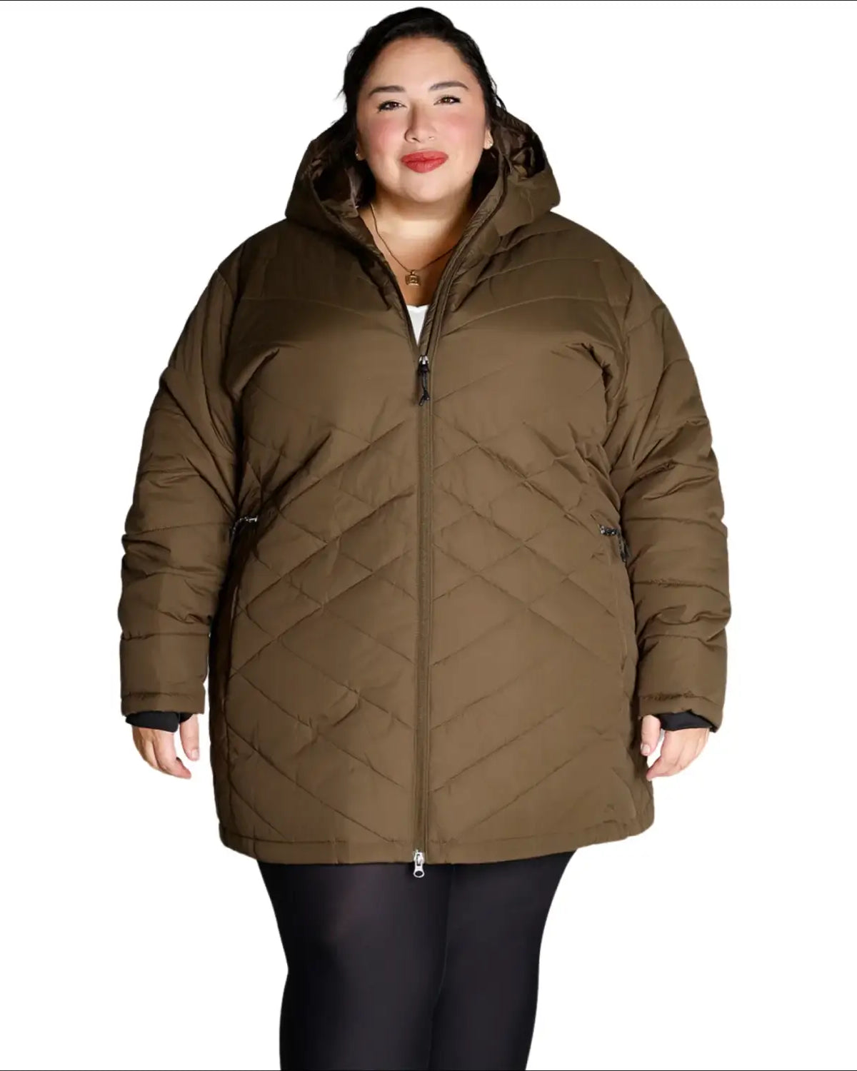 Olive green hooded puffer coat from Women’s Plus Size 1X-6X Mid Length Juniper Insulated Parka Coat Winter