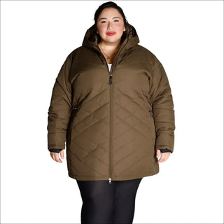 Olive green hooded puffer coat from Women’s Plus Size 1X-6X Mid Length Juniper Insulated Parka Coat Winter