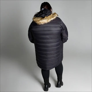 Women’s Plus Size 1X-6X Black Puffer Coat with Fur-Trimmed Hood for Winter Weather