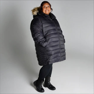 Plus size black puffer coat with fur-trimmed hood for winter outdoor warmth