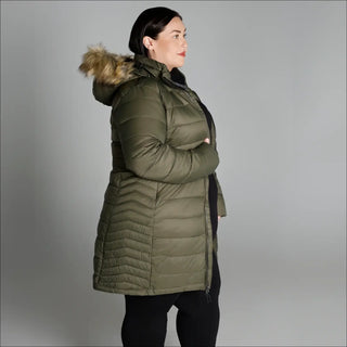 Olive green puffer coat with fur-trimmed hood from Women’s Plus Size Element Parka Jacket