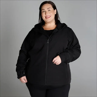 Black hooded zip-up jacket from Women’s Plus Size Micro Fleece Soft Shell Outerwear