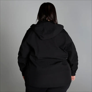 Black hooded jacket from Women’s Plus Size Micro Fleece Soft Shell Updated Jacket Coat