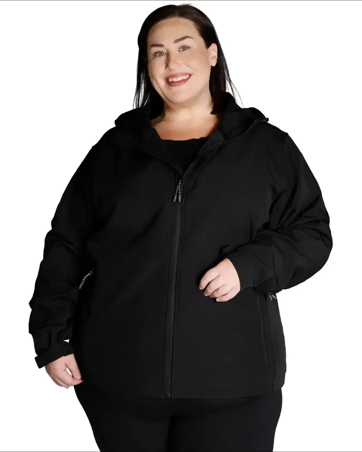 Black hooded zip-up jacket for women’s plus size micro fleece soft shell outerwear
