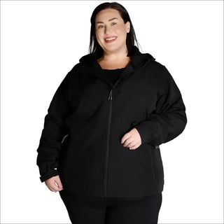 Black hooded zip-up jacket for women’s plus size micro fleece soft shell outerwear