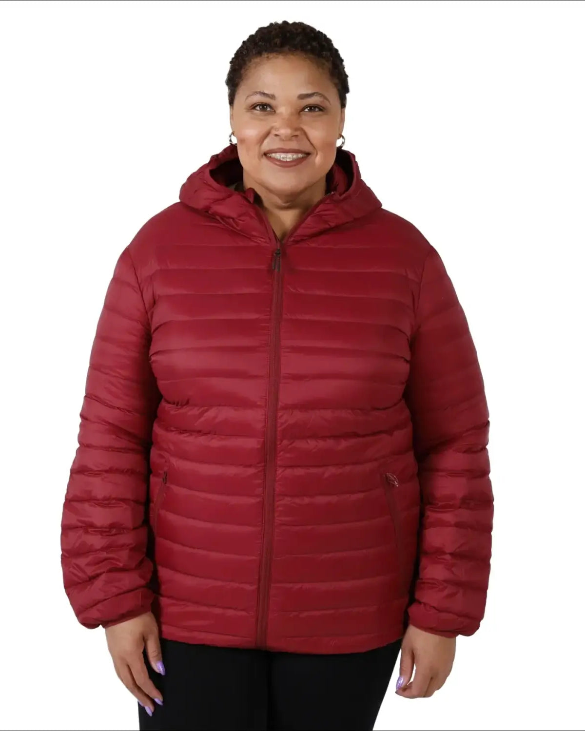 Women’s Burgundy Hooded Puffer Jacket in Plus Sizes for Winter Snow Country Outerwear