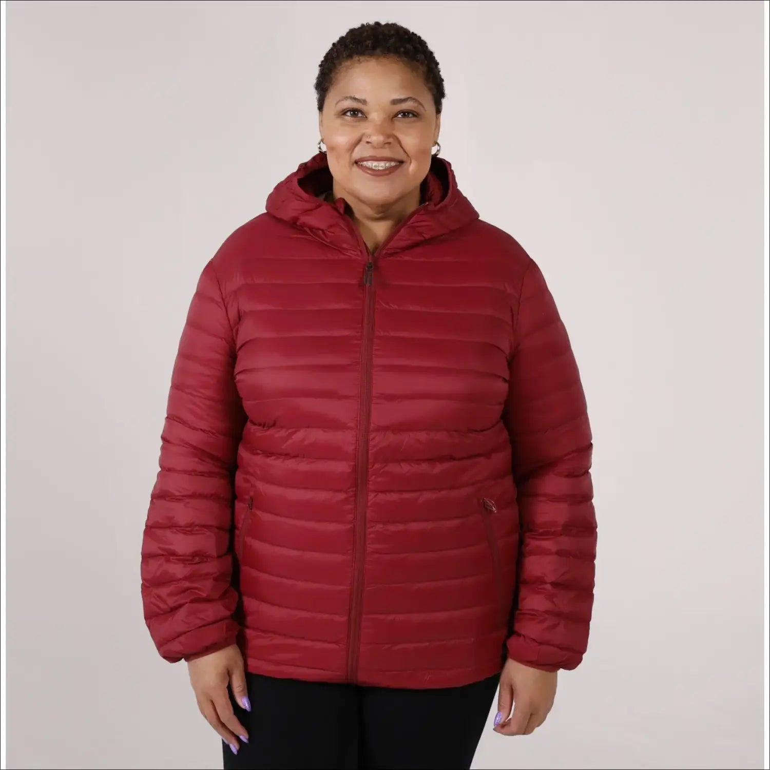 Women’s Burgundy Hooded Puffer Jacket for Plus Sizes Packable Down Coat Snow Country Outerwear