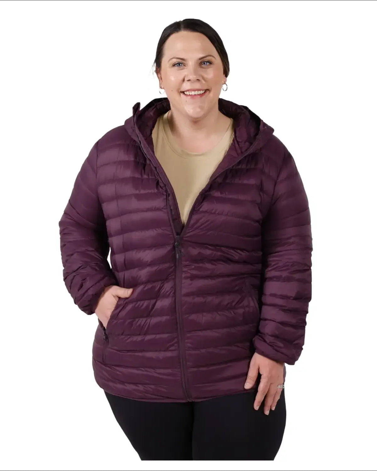 Plum hooded puffer jacket displayed on Women’s Plus Extended Size Packable Down Coat