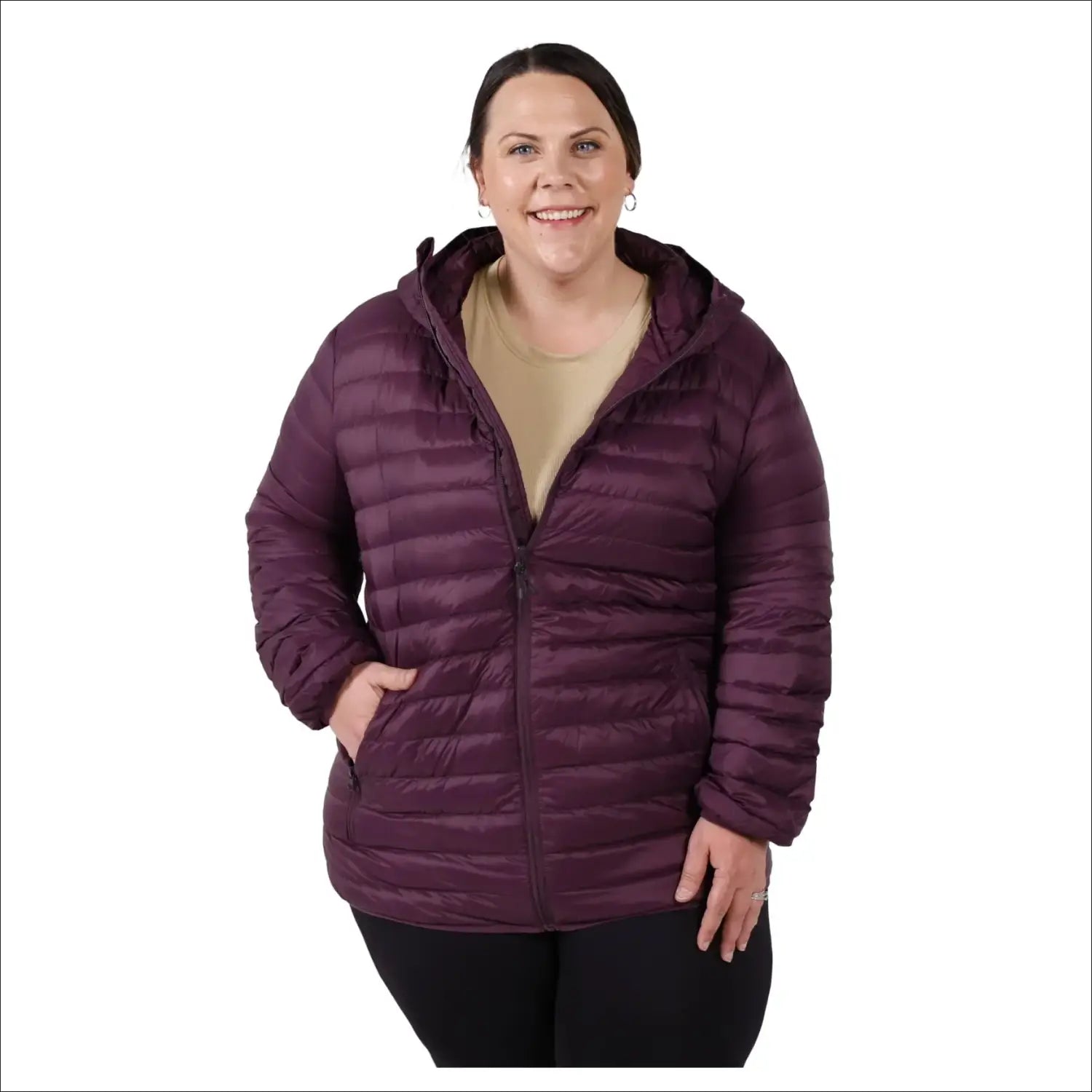 Plum hooded puffer jacket displayed on Women’s Plus Extended Size Packable Down Coat