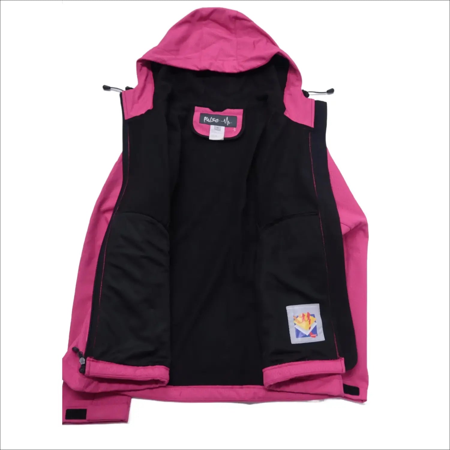 Open pink hooded plus size soft shell jacket with black lining for Women