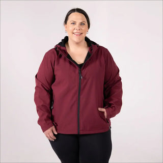 Burgundy hooded micro fleece soft shell jacket with black zipper for women plus size outerwear