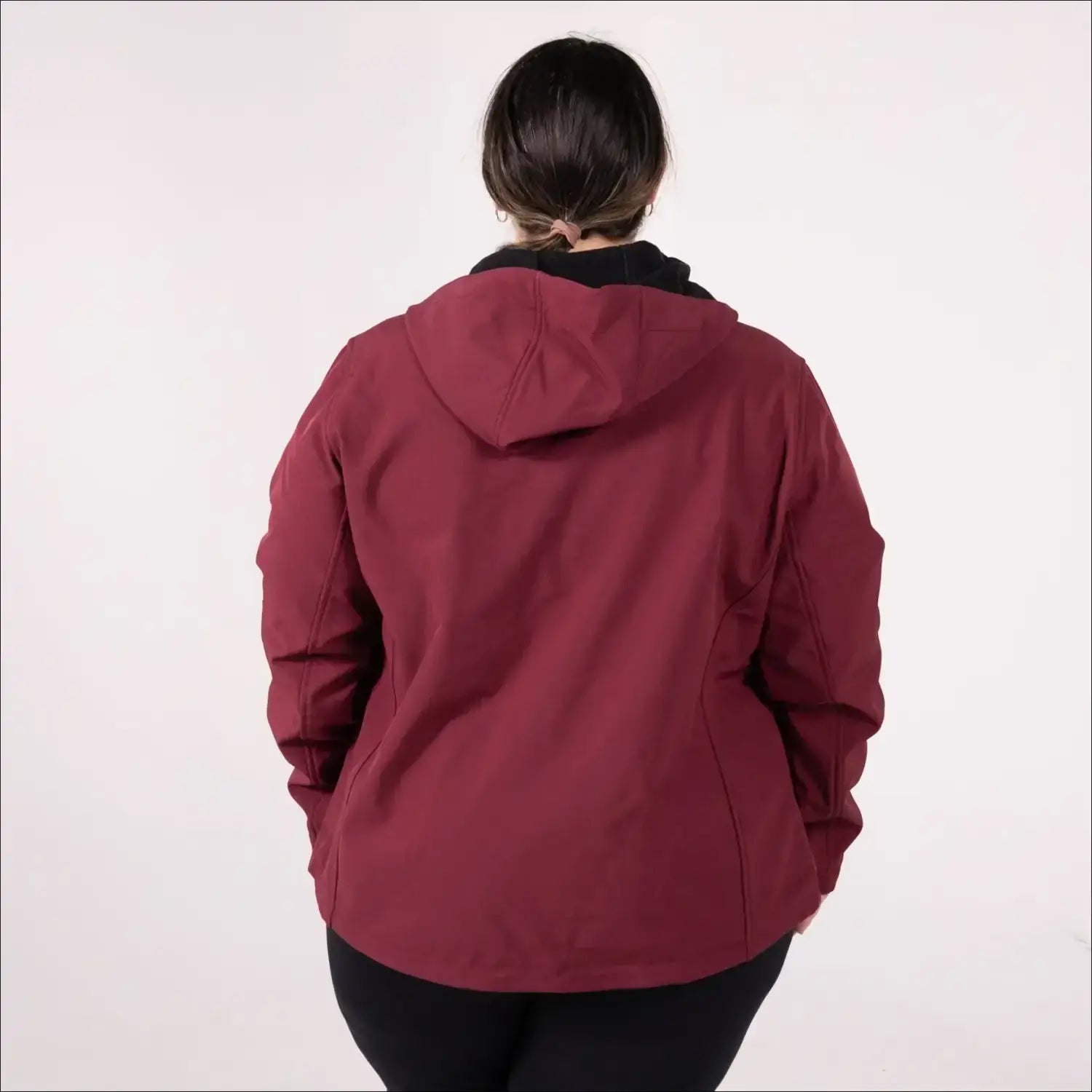 Burgundy hooded micro fleece soft shell women’s plus size jacket for spring or fall outdoor wear