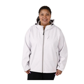 Woman wearing a white hooded soft shell jacket from Pulse Women’s Plus Size Collection