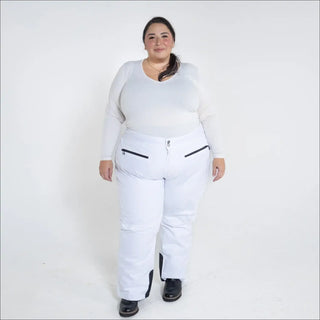 White women’s plus size insulated ski pants for winter snow mountain skiing activities