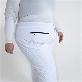 White ski pants with zippered pocket from Women’s Plus Size Trax Winter Ski Outerwear