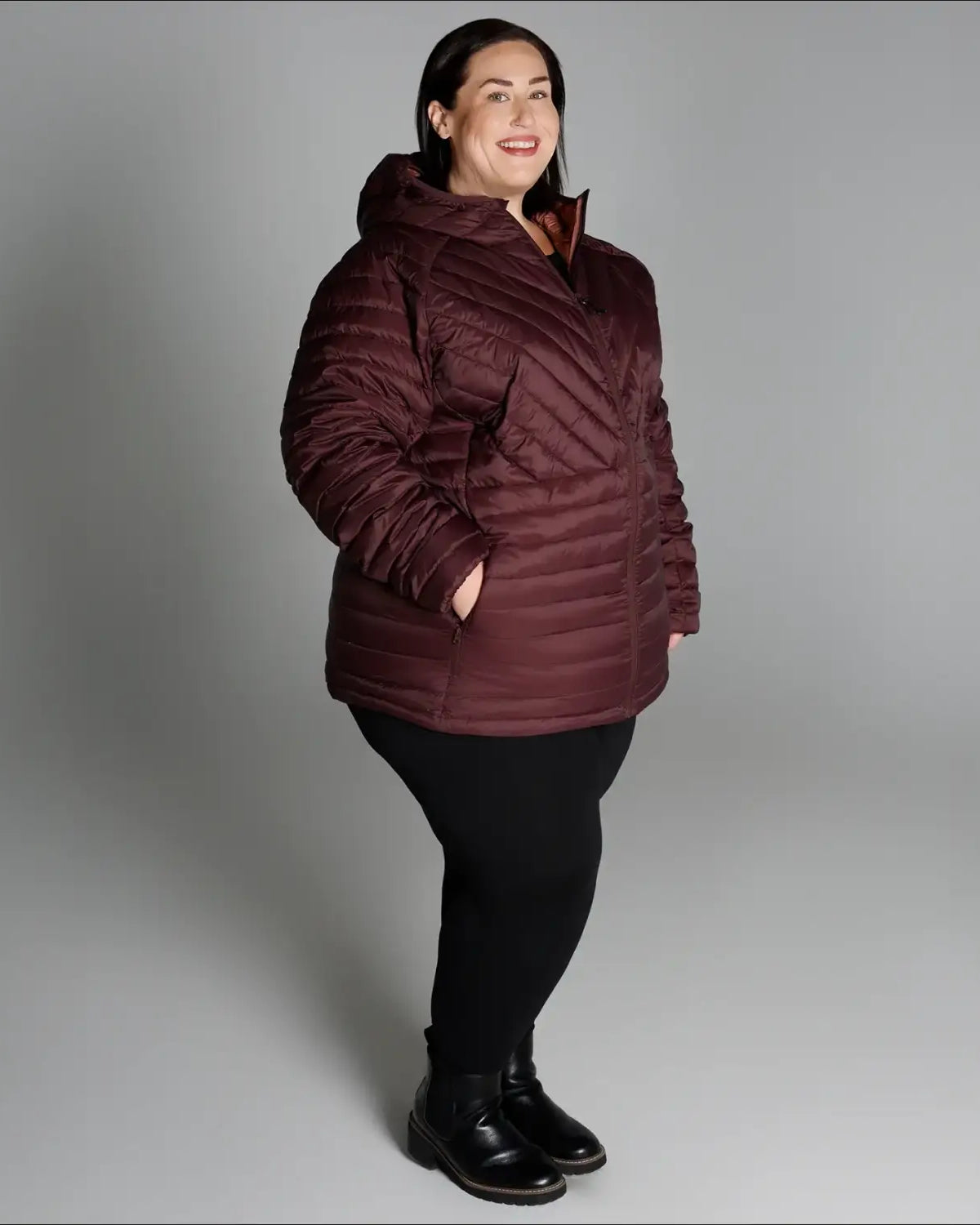 Burgundy quilted hooded jacket for women in extended plus sizes, packable down coat