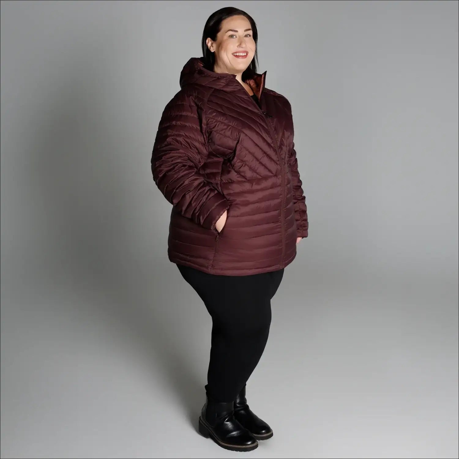 Burgundy quilted hooded jacket for women in extended plus sizes, packable down coat