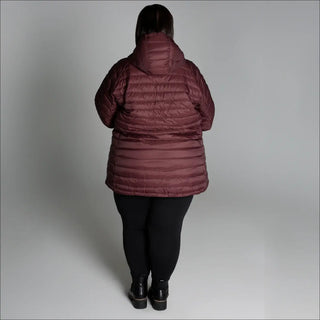Burgundy hooded puffer jacket for women in extended plus sizes, packable winter coat