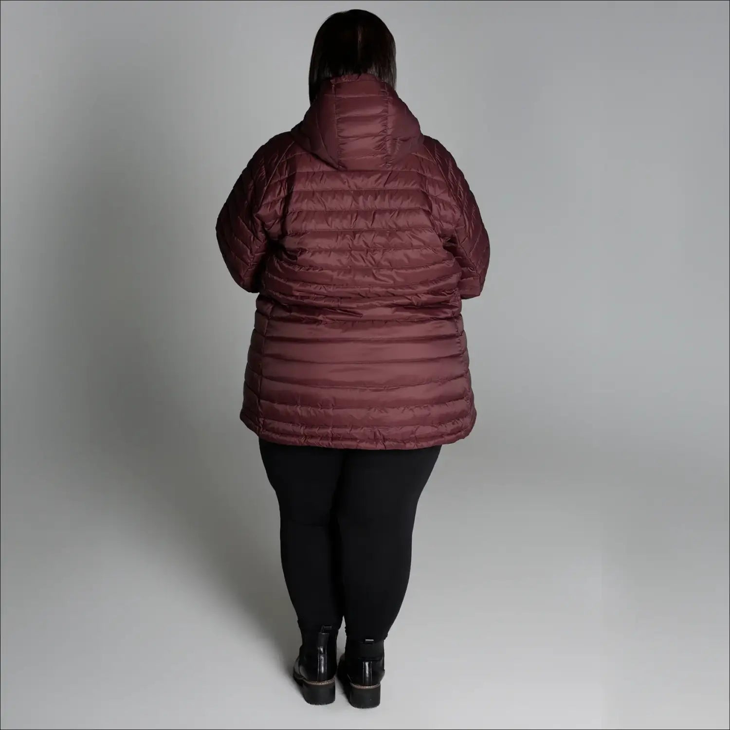 Burgundy hooded puffer jacket for women in extended plus sizes, packable winter coat