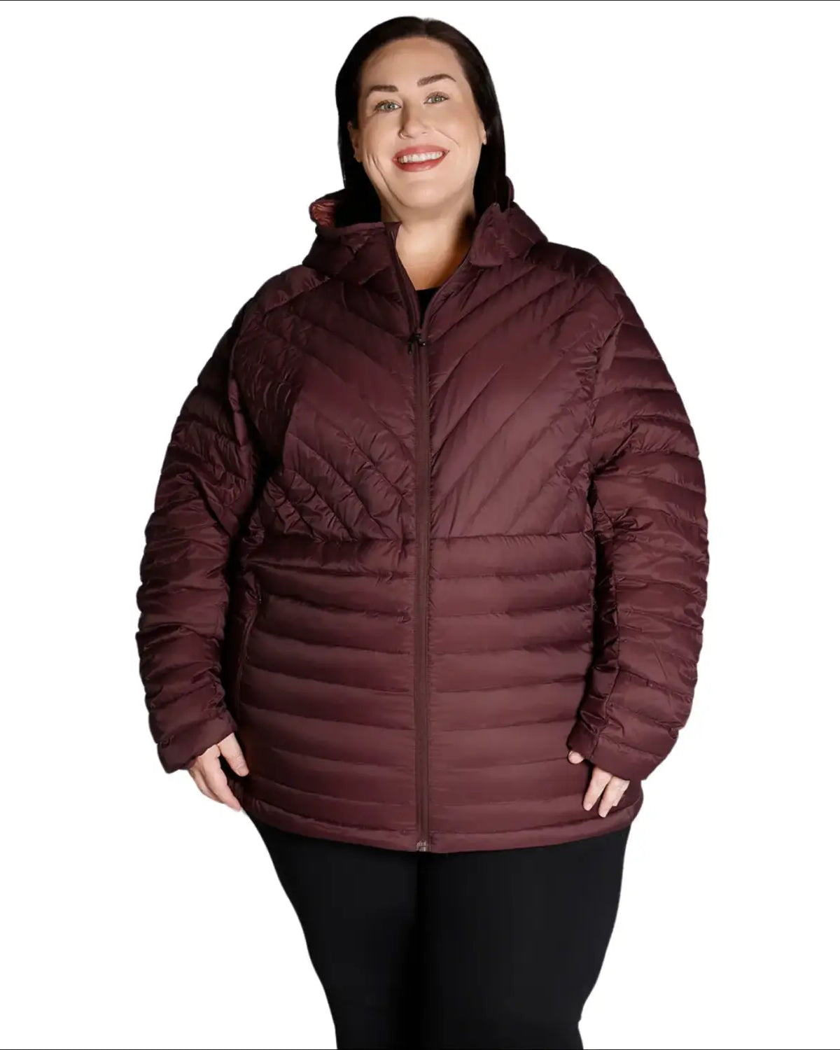 Burgundy quilted puffer jacket displayed in Women’s 1X-6X plus extended size packable down coat