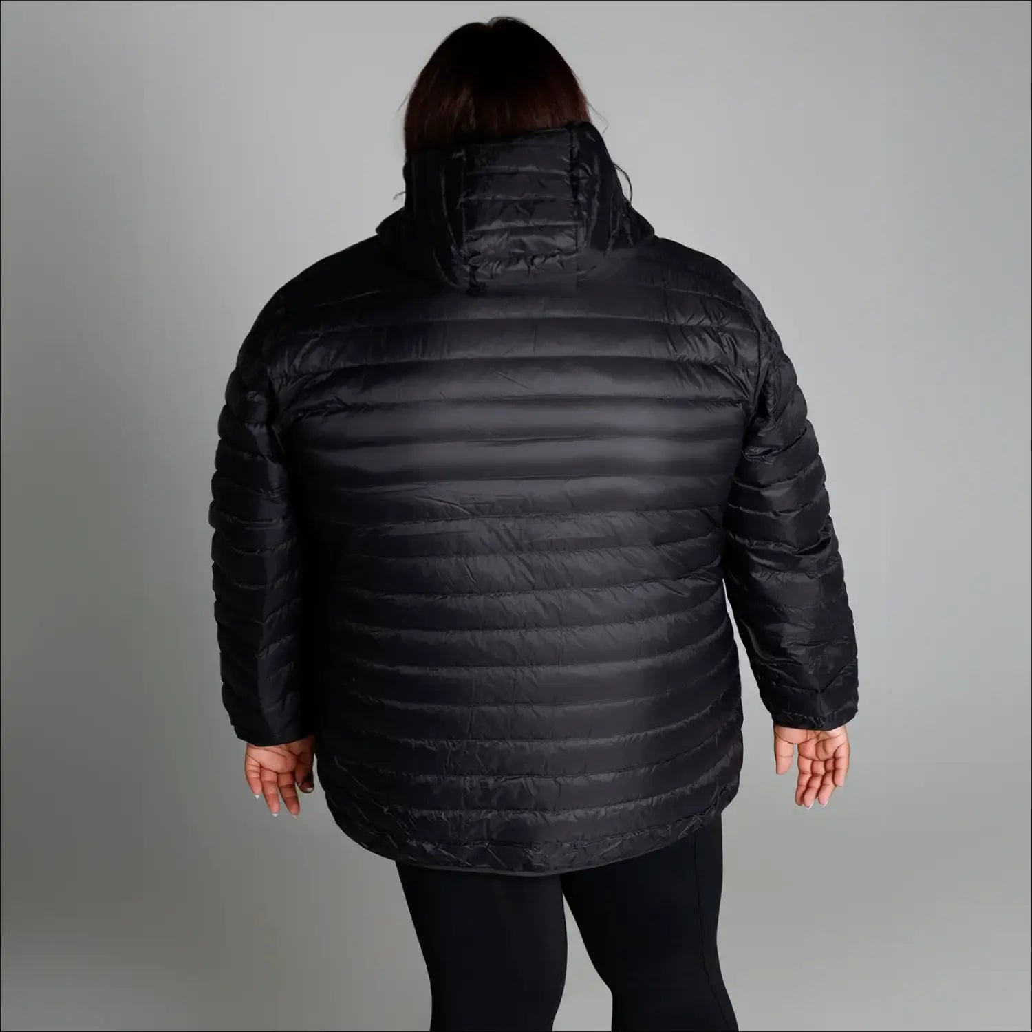 Black puffer jacket with hood from Women’s Plus Extended Size Packable Down Coat