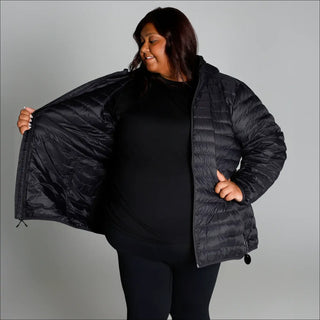 Black puffer jacket for women in extended sizes, packable down hooded snow coat