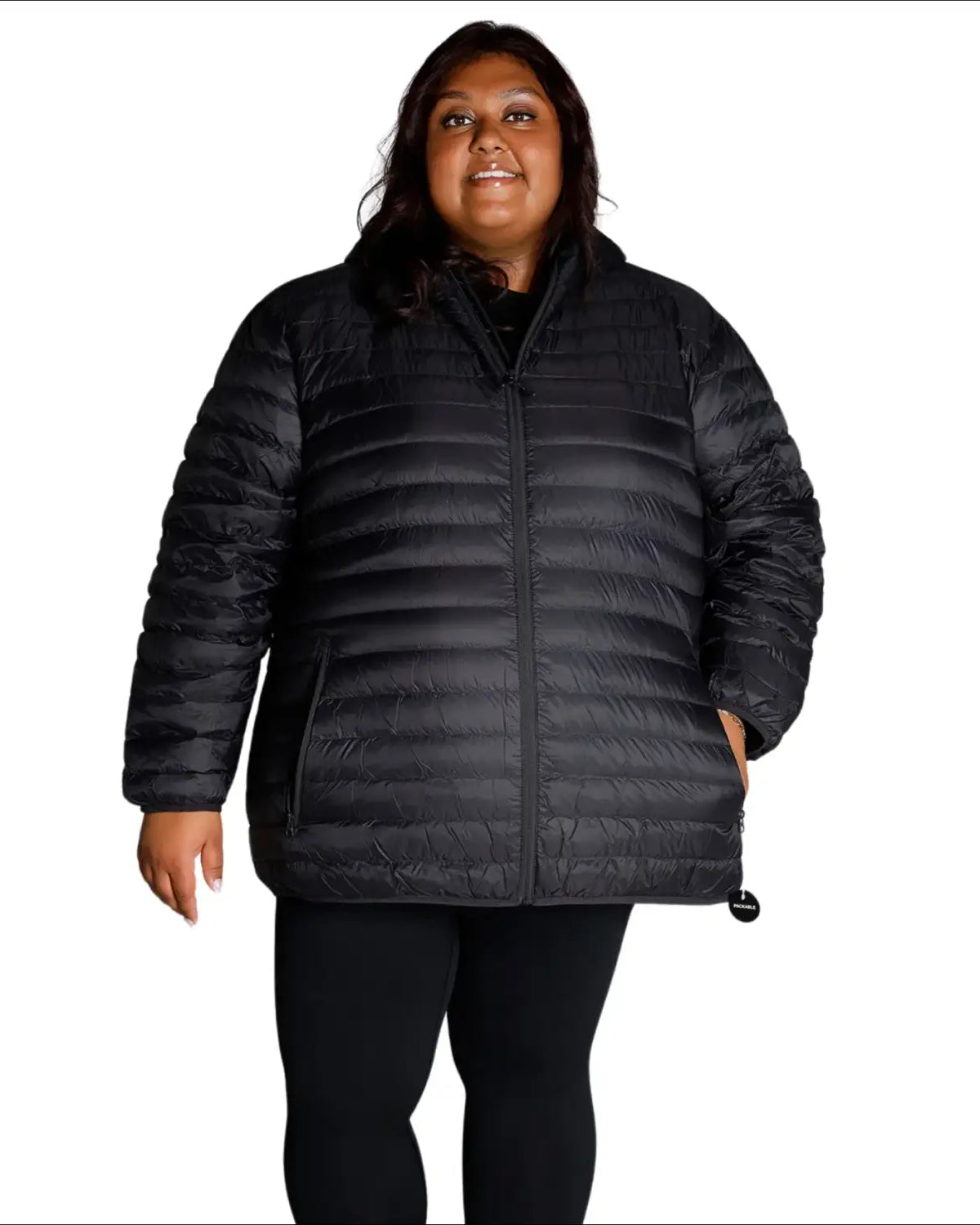 Black puffer jacket featured in Women’s Plus Extended Size Packable Down Jacket Hooded Coat