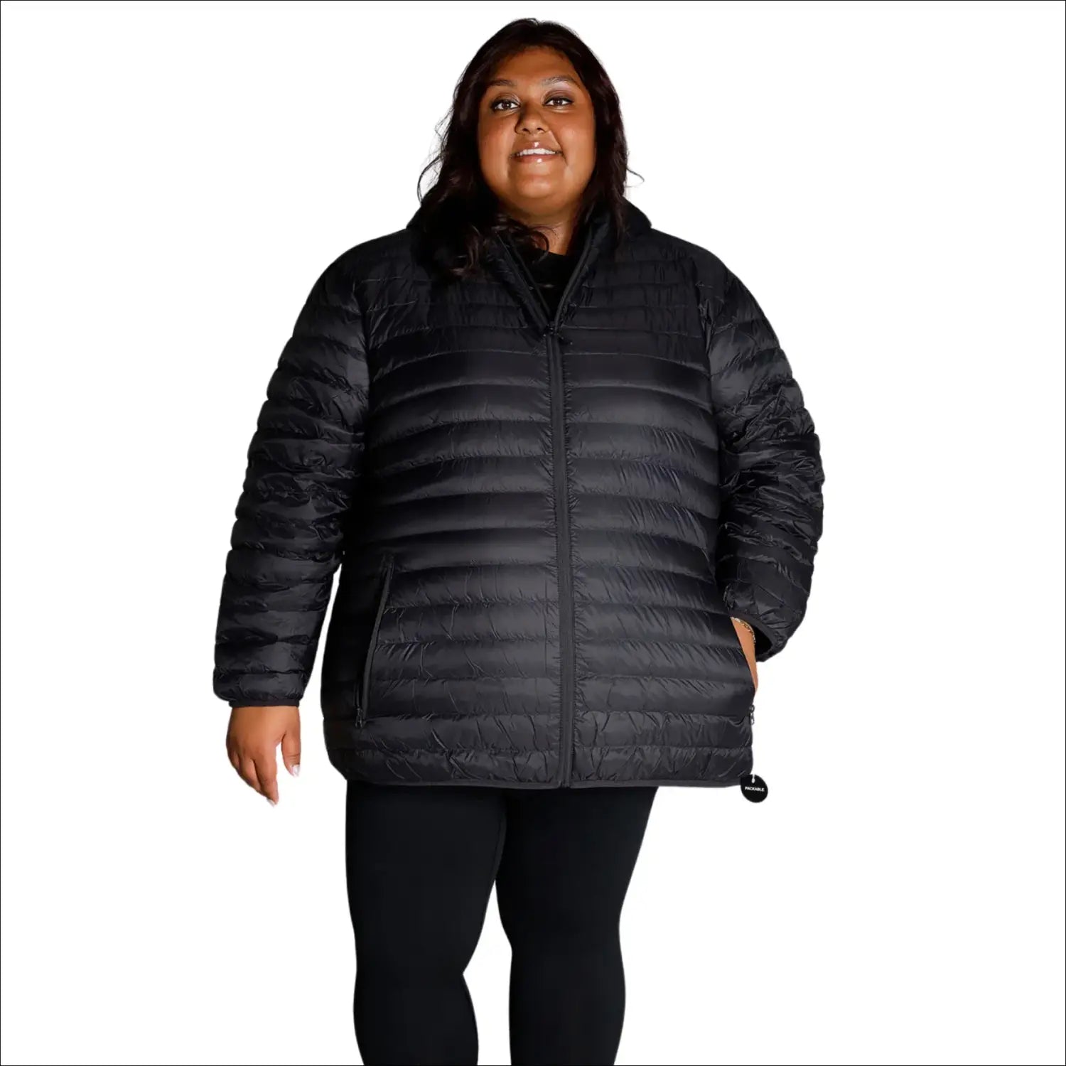 Black puffer jacket featured in Women’s Plus Extended Size Packable Down Jacket Hooded Coat