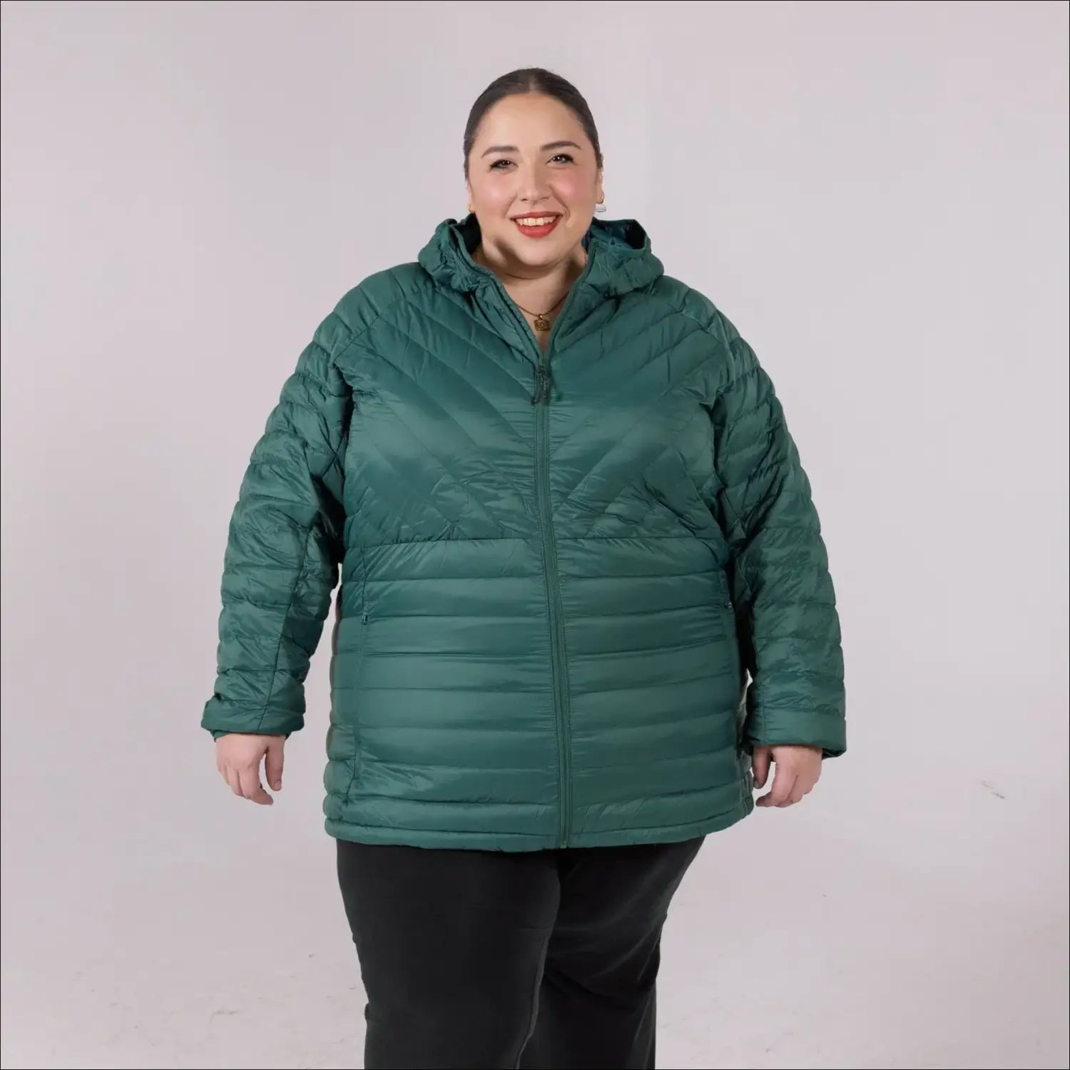Green hooded puffer jacket in Women’s 1X-6X Plus Extended Size Packable Down Coat