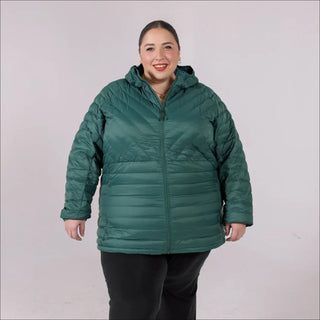 Green hooded puffer jacket in Women’s 1X-6X Plus Extended Size Packable Down Coat