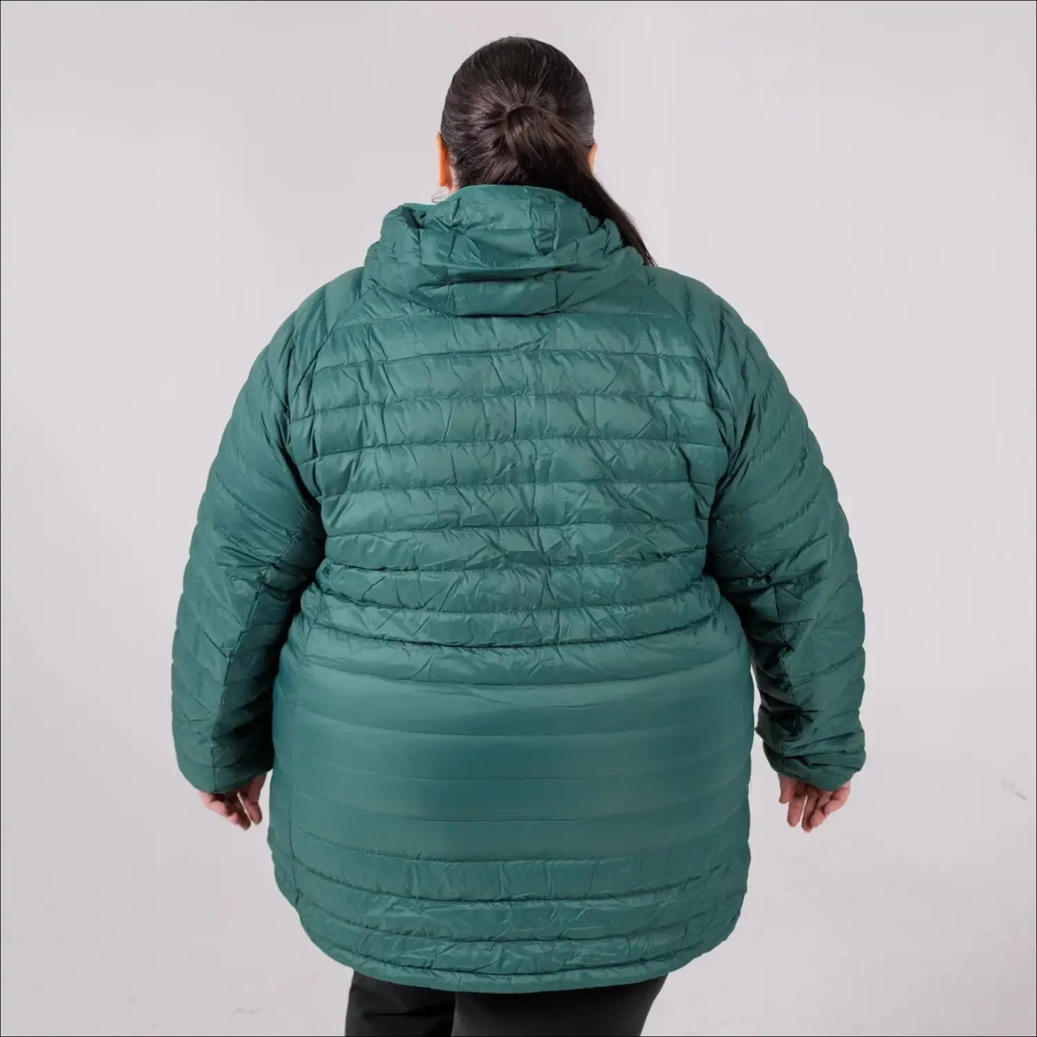 Green hooded puffer jacket for women in extended plus sizes, packable down coat