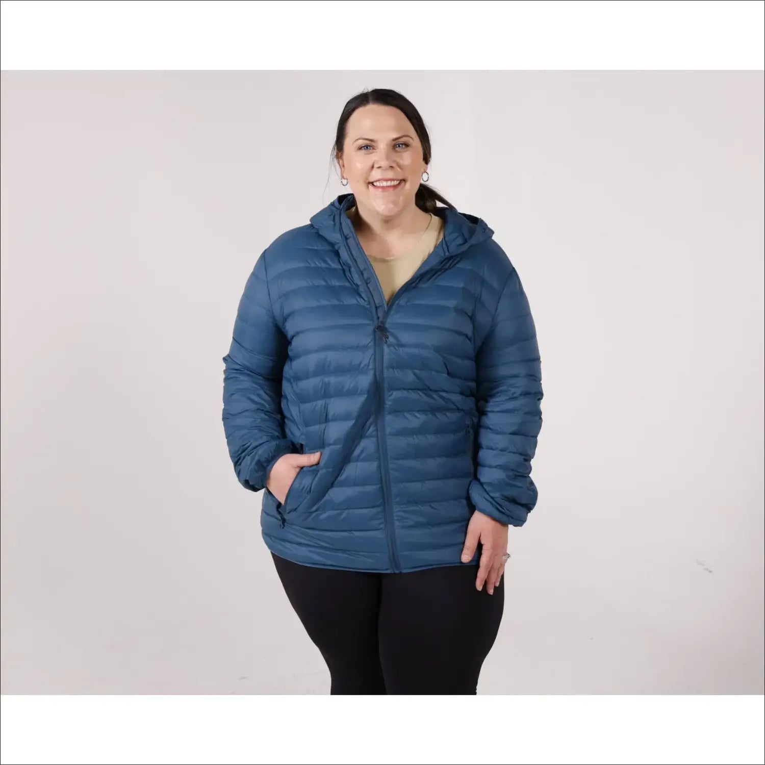 Blue hooded puffer jacket for women in plus extended sizes from Snow Country Outerwear