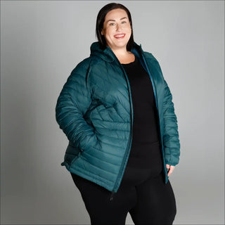 Teal quilted puffer jacket women’s plus size packable down coat with hood for snow outdoor wear