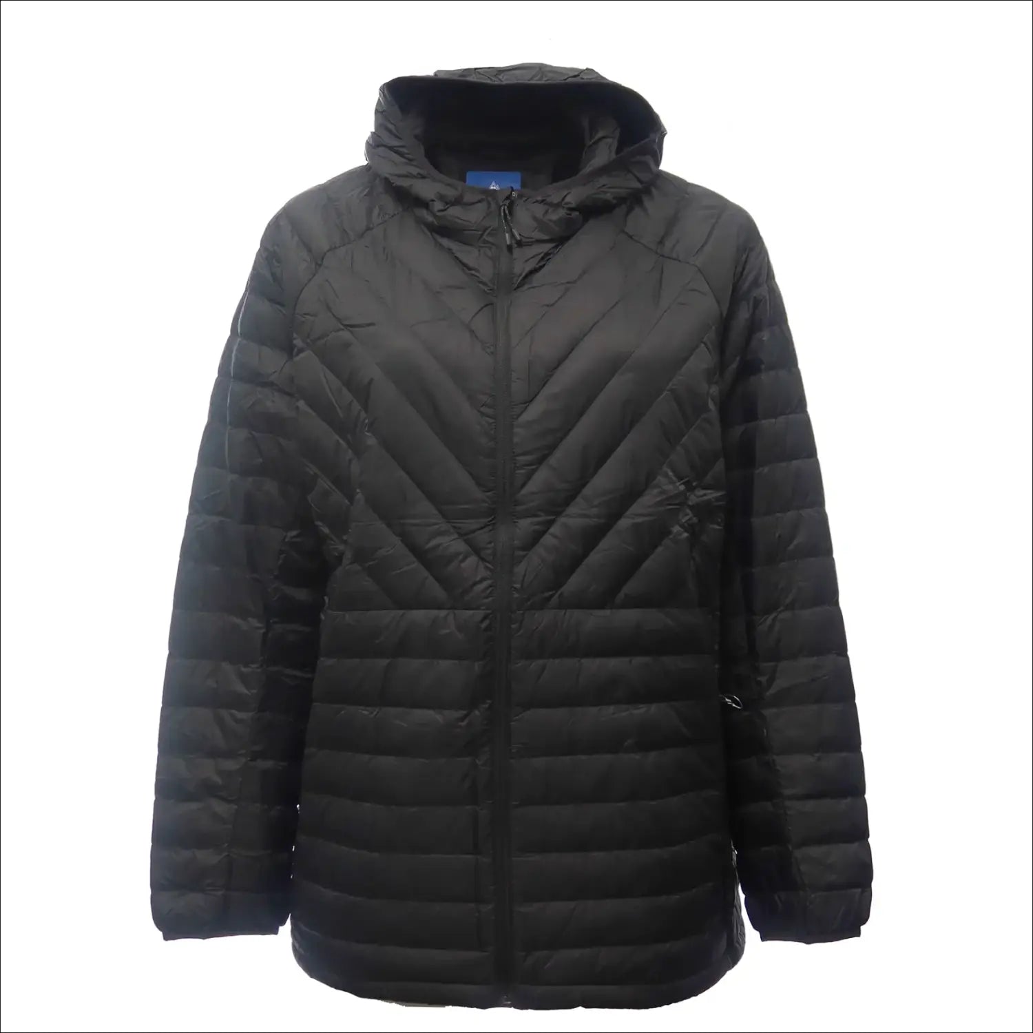 Black hooded puffer jacket for women in extended sizes, packable down snow coat