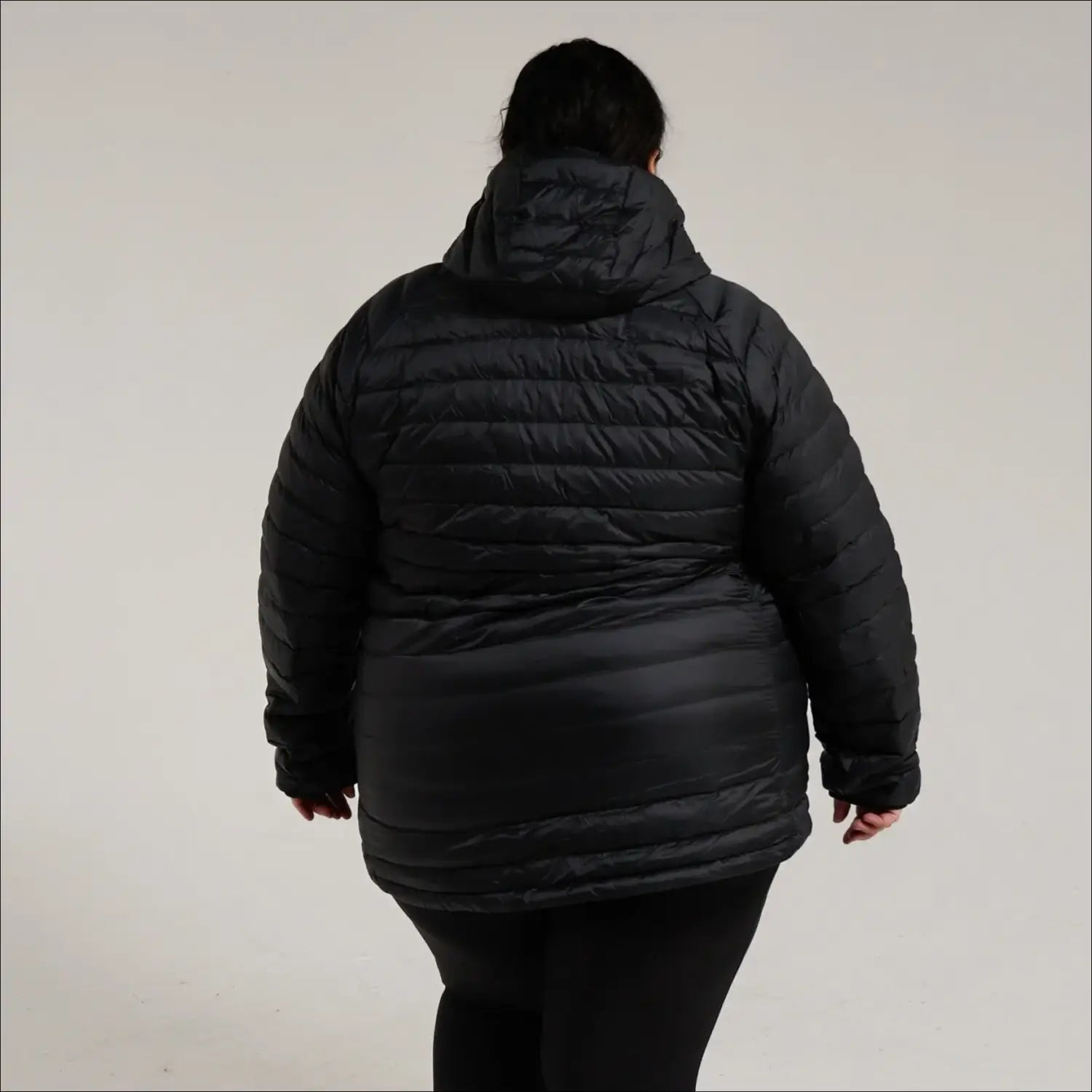 Black hooded puffer jacket for women in plus sizes, packable down coat for winter outdoor wear