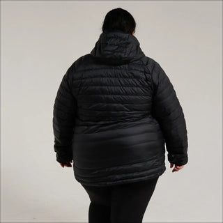 Black hooded puffer jacket for women in plus sizes, packable down coat for winter outdoor wear