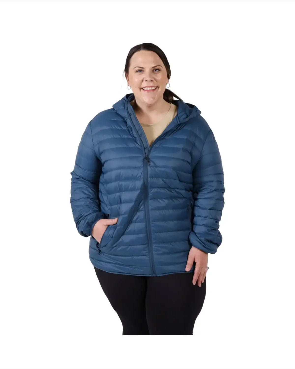Blue hooded puffer jacket for women in extended plus sizes, packable down coat outerwear