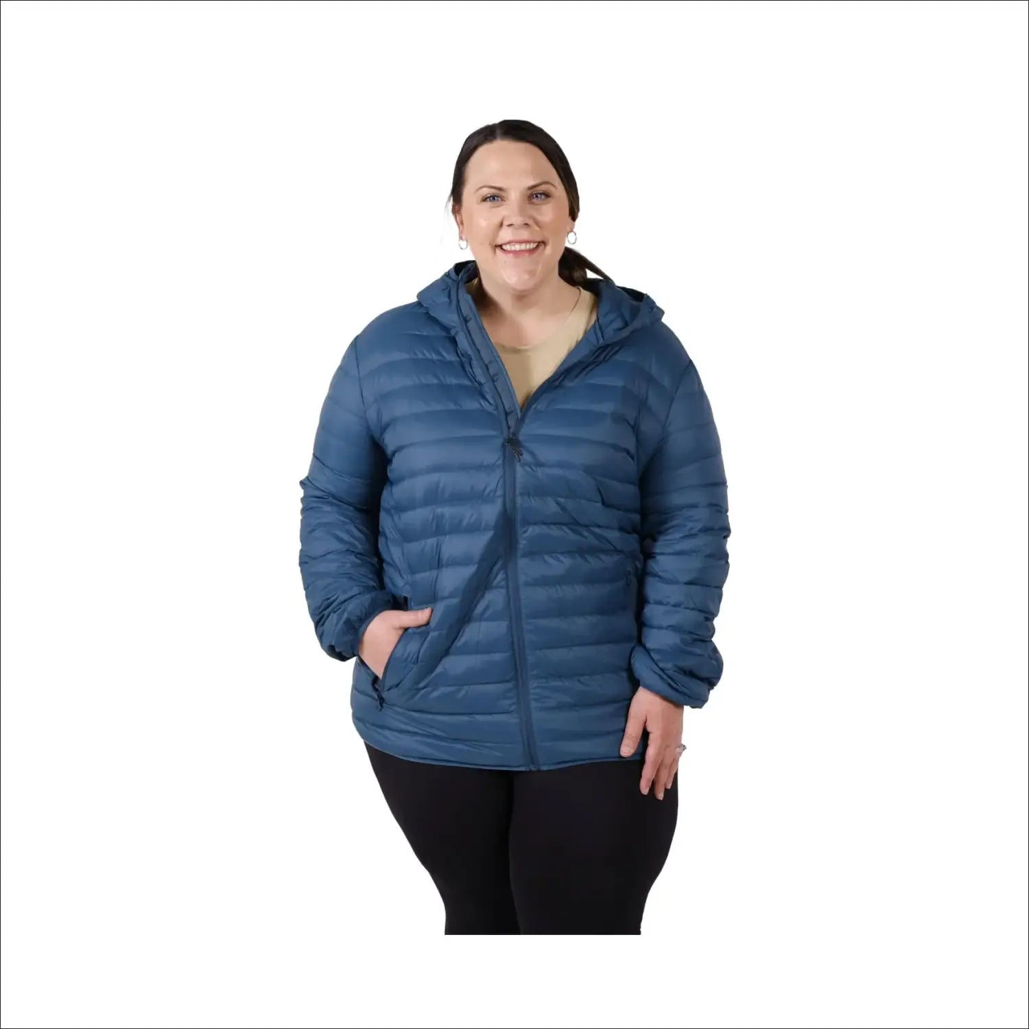 Blue hooded puffer jacket for women in extended plus sizes, packable down coat outerwear