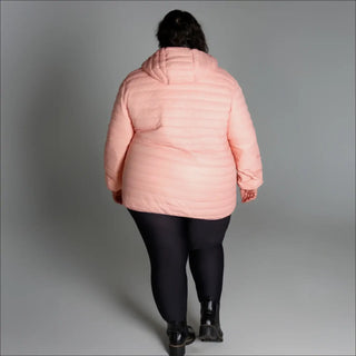 Woman in a pink puffer jacket wearing Women’s 1X-6X Plus Packable Down Hooded Coat